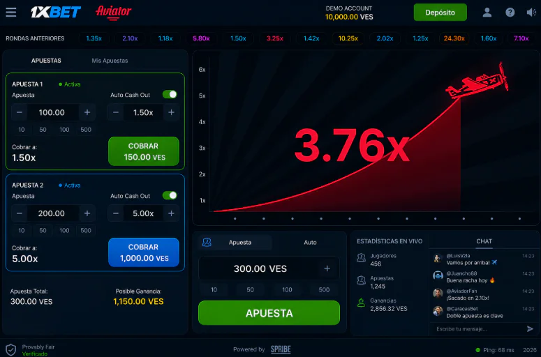Panel de apuestas y función de retiro automático en Aviator 1xBet - 1xbet-app-ve.com