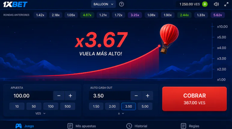 Interfaz principal con multiplicador creciente en Balloon de 1xBet - 1xbet-app-ve.com