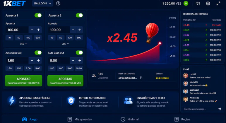 Panel de apuestas y función de retiro automático en Balloon 1xBet - 1xbet-app-ve.com