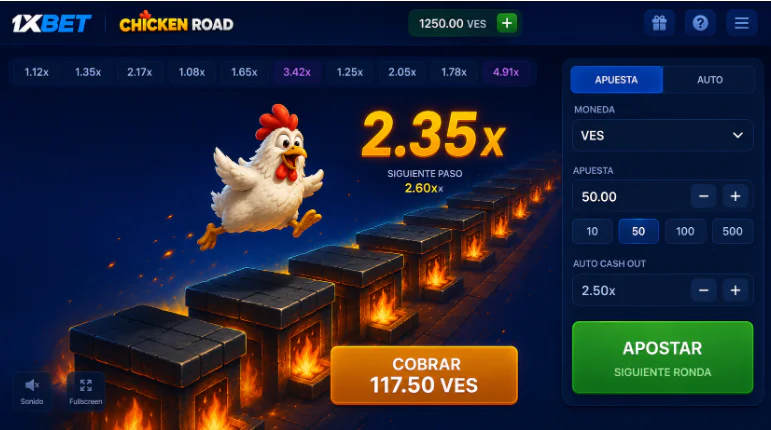 Interfaz principal con multiplicador creciente en Chicken Road de 1xBet - 1xbet-app-ve.com