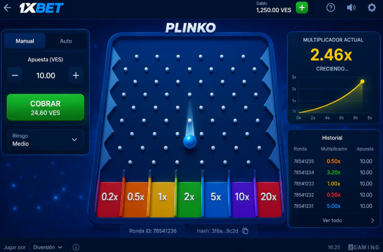Interfaz principal con multiplicador creciente en Plinko de 1xBet - 1xbet-app-ve.com