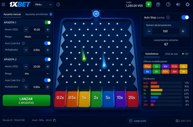 Panel de apuestas y función de retiro automático en Plinko 1xBet - 1xbet-app-ve.com