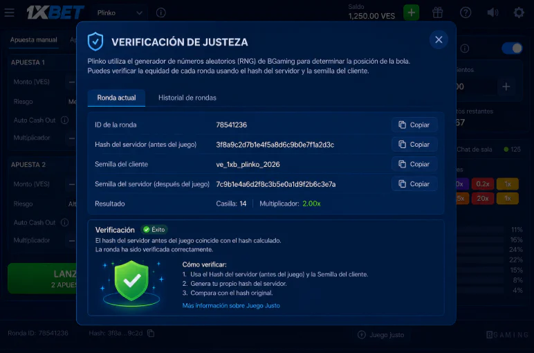 Verificación de transparencia y algoritmo Provably Fair en Plinko 1xBet - 1xbet-app-ve.com