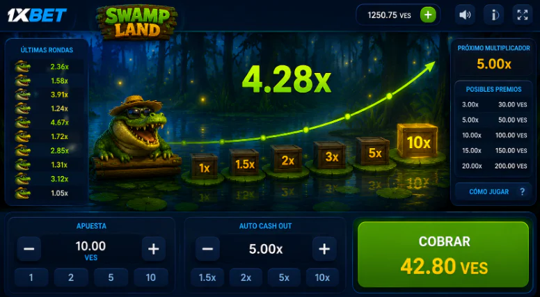 Interfaz principal con multiplicador creciente en Swamp Land de 1xBet - 1xbet-app-ve.com