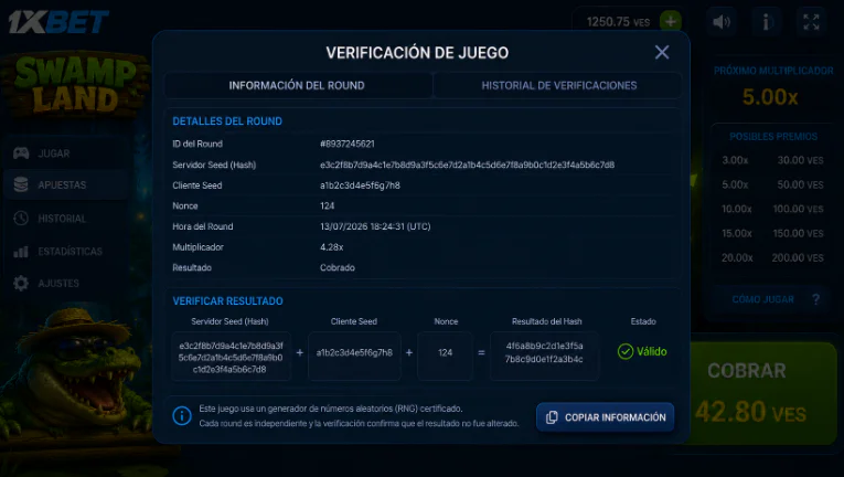 Verificación de transparencia y algoritmo Provably Fair en Swamp Land 1xBet - 1xbet-app-ve.com
