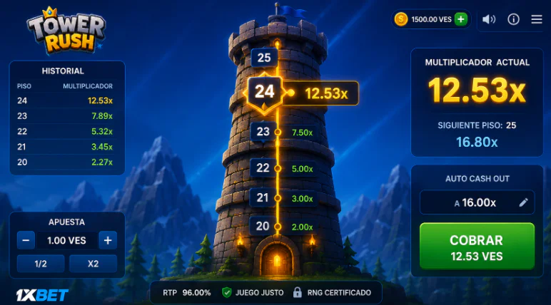 Interfaz principal con multiplicador creciente en Tower Rush de 1xBet - 1xbet-app-ve.com