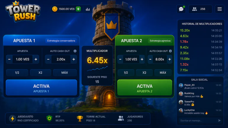 Panel de apuestas y función de retiro automático en Tower Rush 1xBet - 1xbet-app-ve.com