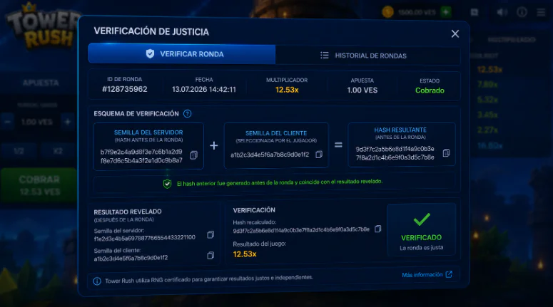 Verificación de transparencia y algoritmo Provably Fair en Tower Rush 1xBet - 1xbet-app-ve.com